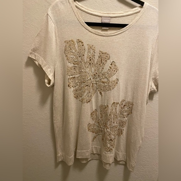 Chico's Sequin Embellished Tonal Palm Print Tee Size 3 (XL) - Picture 5 of 11